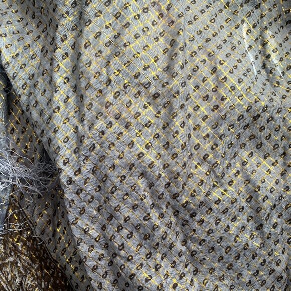 Blue Floral Geometric Design w/ Metallic Gold Square Scarf Bandana Boho Fringe - Picture 3 of 3